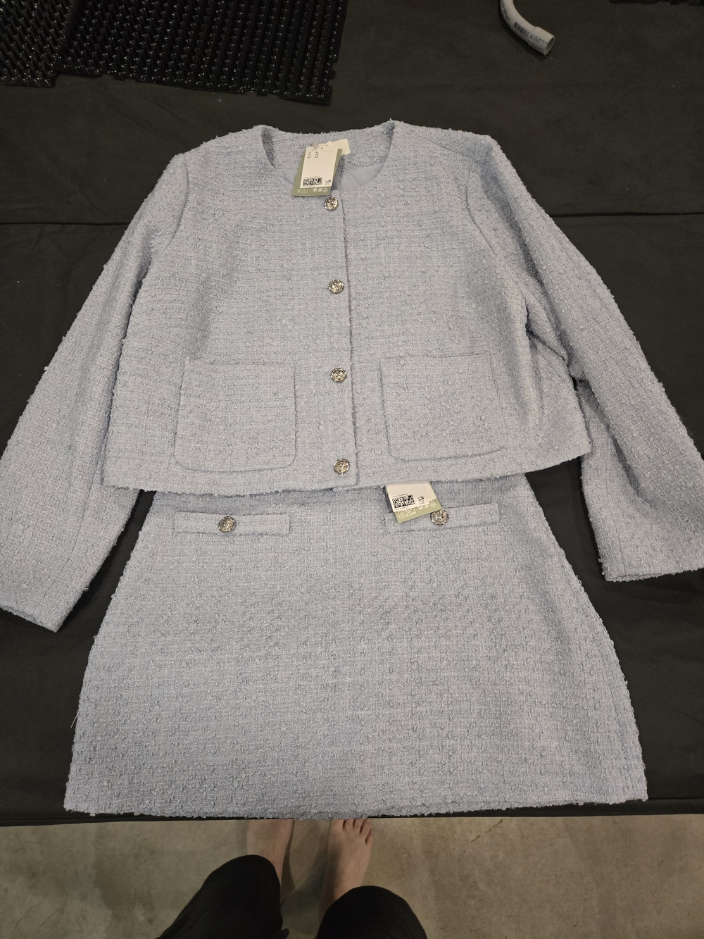 H&M Light Blue Tweed Cropped Jacket & Skirt Set